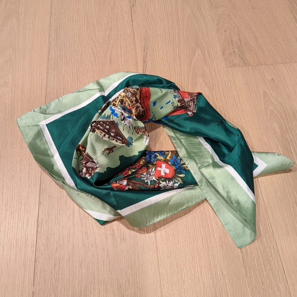 Green Silk Scarf with Swiss Map Design